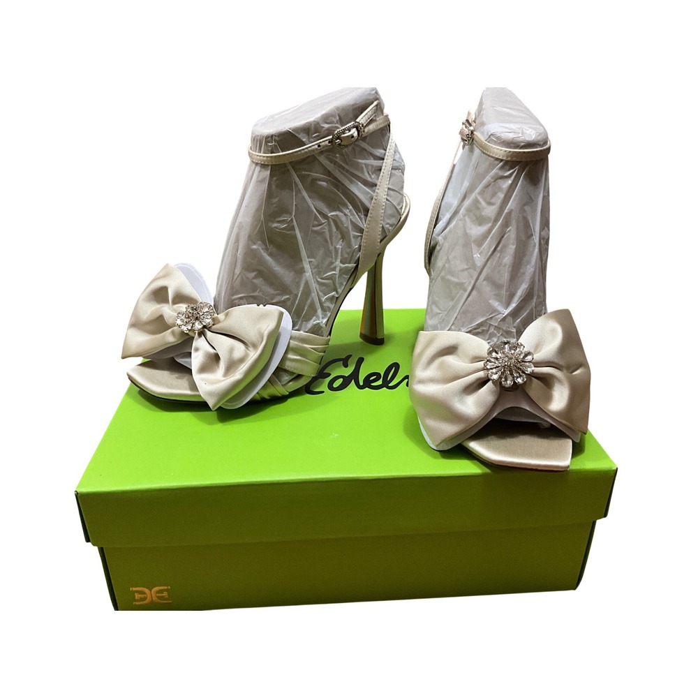 Sam Edelman Women Champagne Satin Crystal Bow Ankle Strap Heeled Sandals 8.5